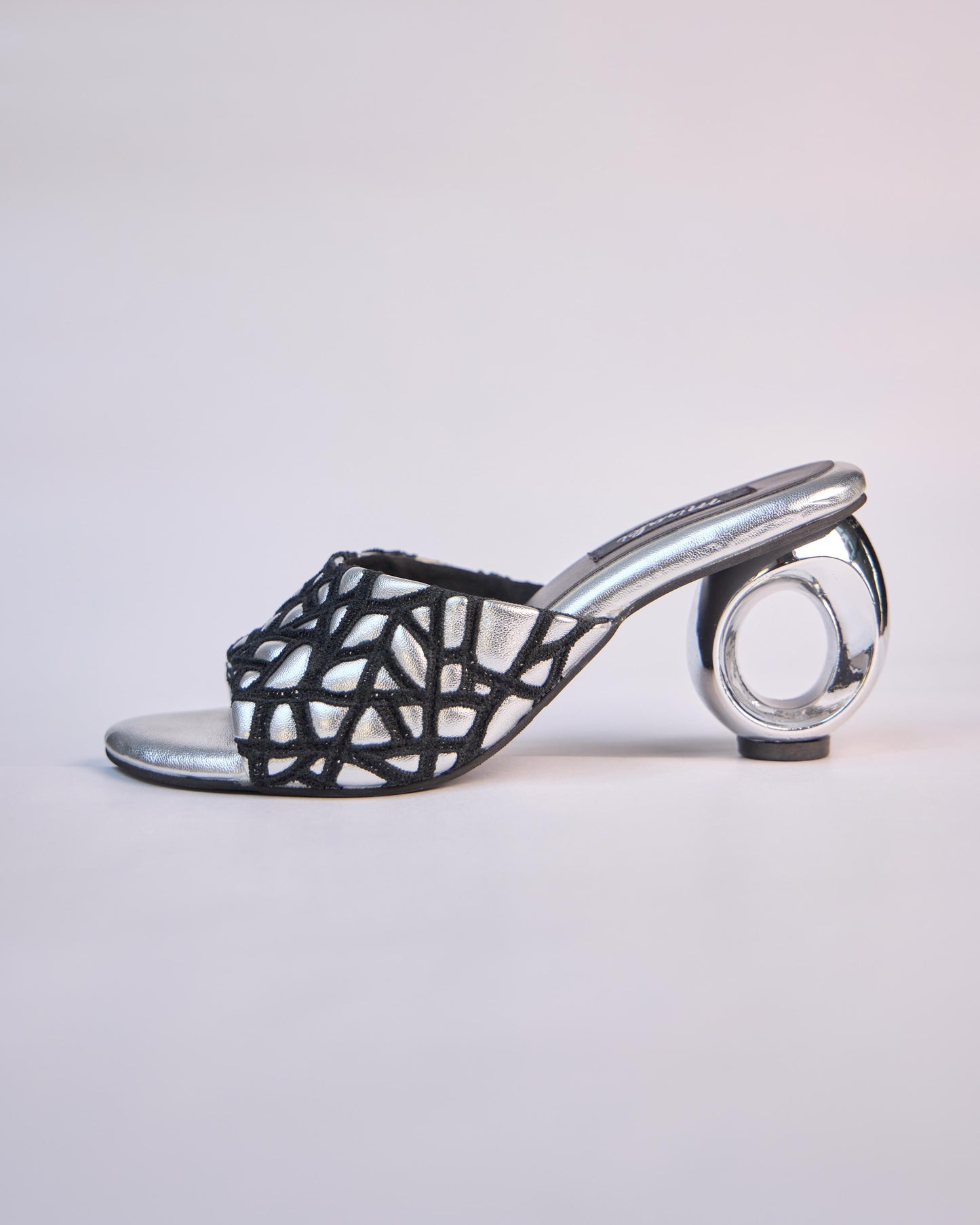 Webbed Silver Sandals With Unique Round Heels