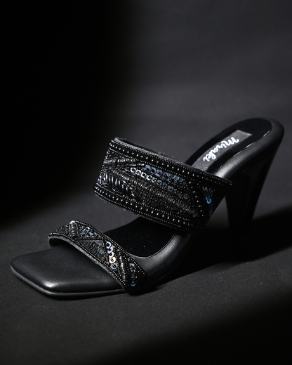 Black Dual Strap Handwork Heels