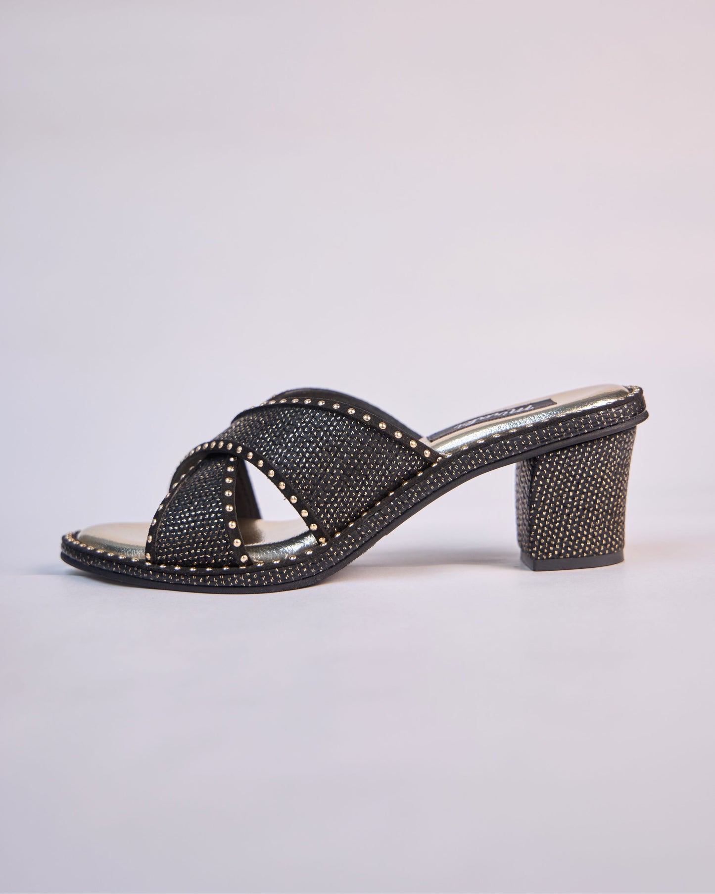 Noir Studded Cross Strap Mules