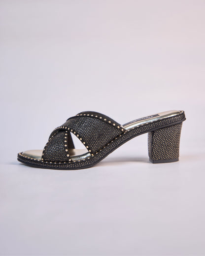Noir Studded Cross Strap Mules