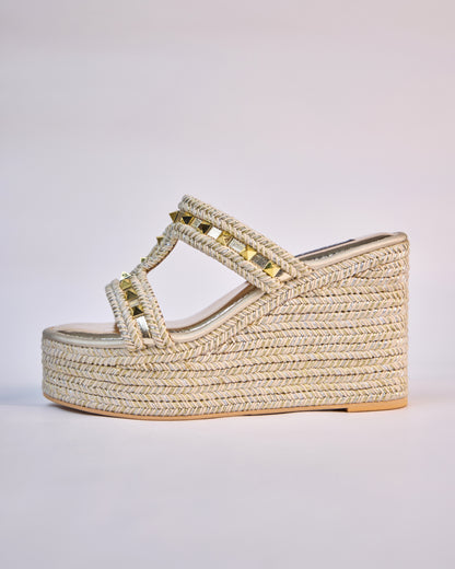 Woven Wedge Sandals with Stud Accents