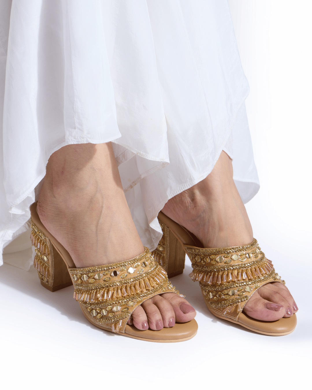 Gold Crystal Fringe Handwork Block Heels
