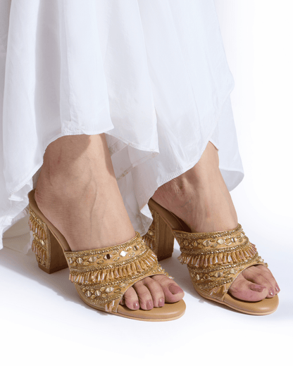 Gold Crystal Fringe Handwork Block Heels