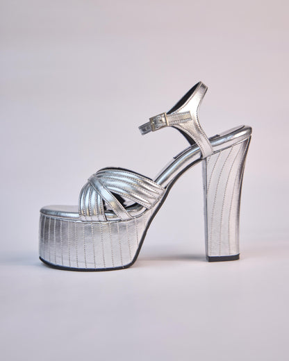 Silver Block Heels With Stitching Details