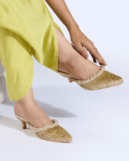 Golden Textured Pearl Work Mules