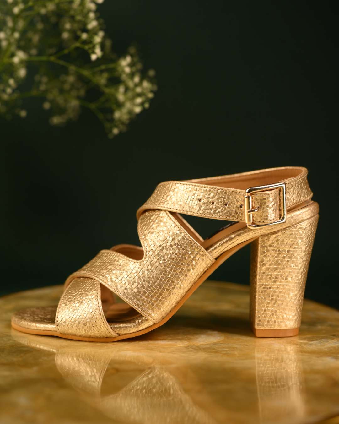 Gold Cross Strap Block Heels With Ankle Strap