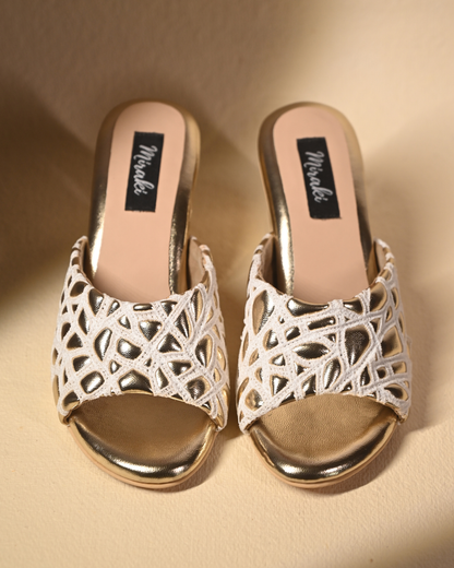 Webbed Gold Sandals With Unique Round Heels