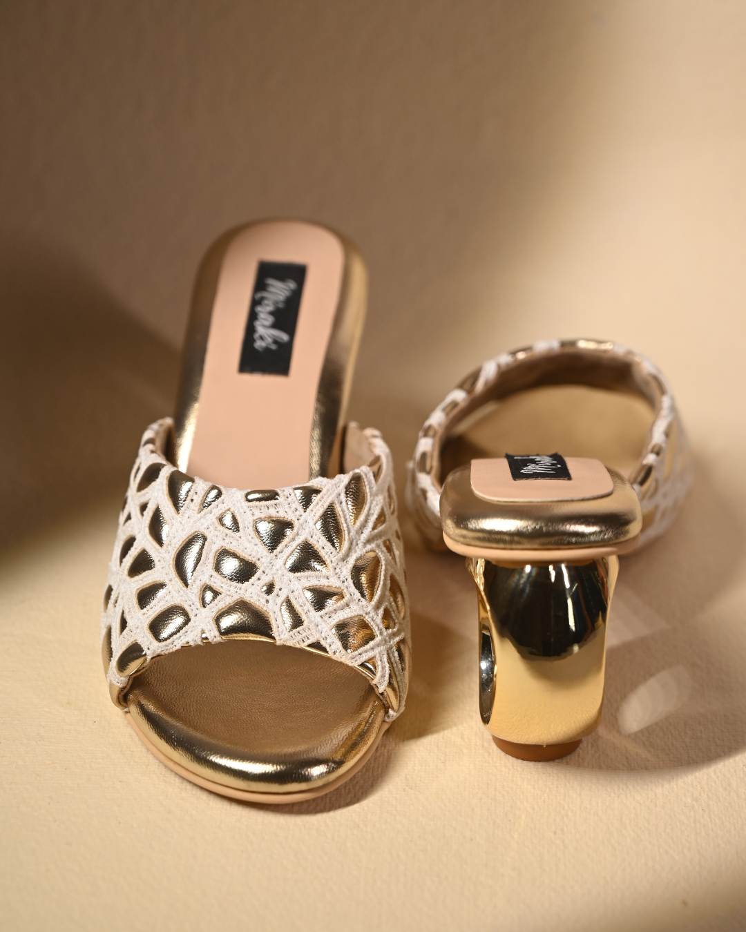 Webbed Gold Sandals With Unique Round Heels