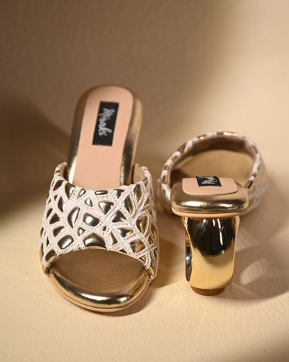 Webbed Gold Sandals With Unique Round Heels