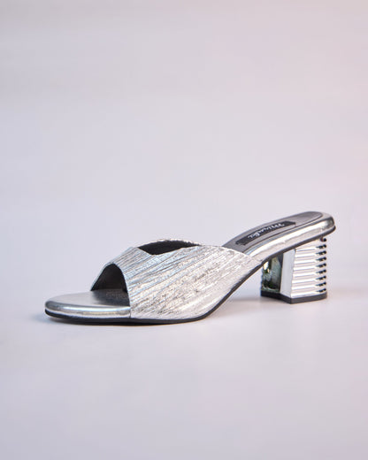 Silver Metallic Textured Slip-On Heels