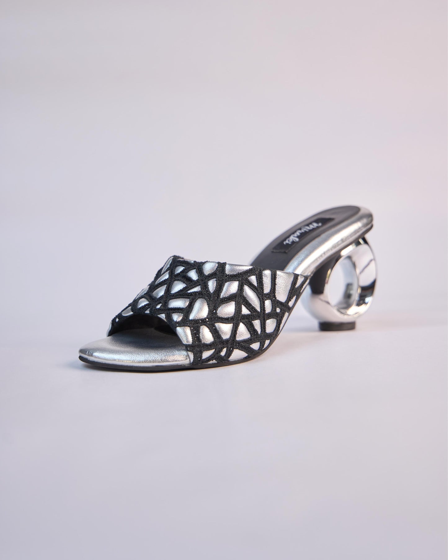 Webbed Silver Sandals With Unique Round Heels