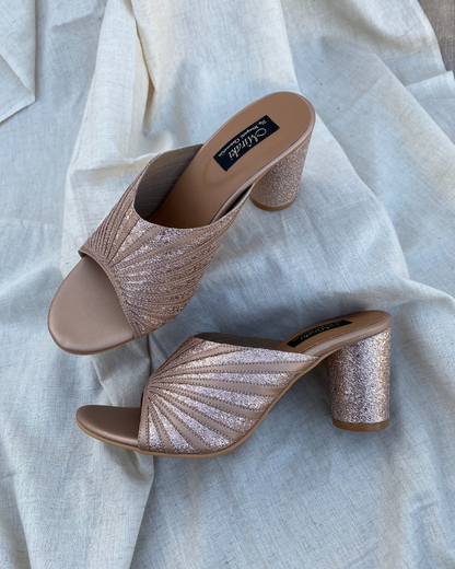 Rose Gold Pattern Cut Slip Ons With Rounded Heels