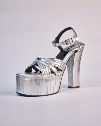 Silver Block Heels With Stitching Details