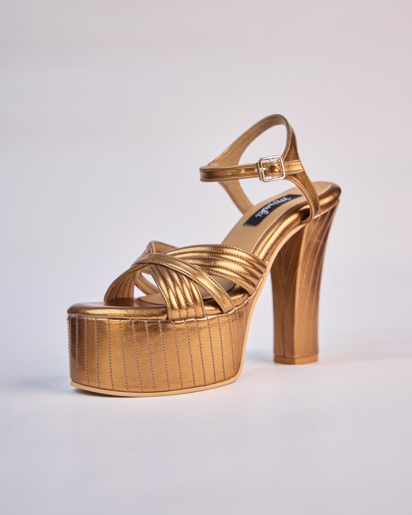 Antique Gold Block Heels With Stitching Details