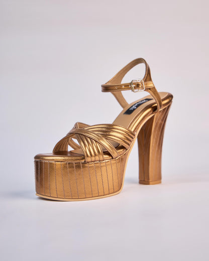 Antique Gold Block Heels With Stitching Details