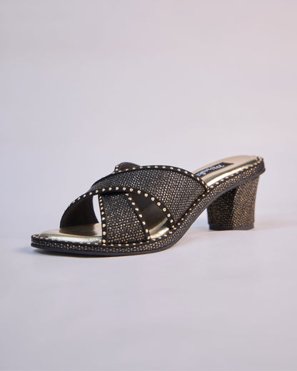 Noir Studded Cross Strap Mules