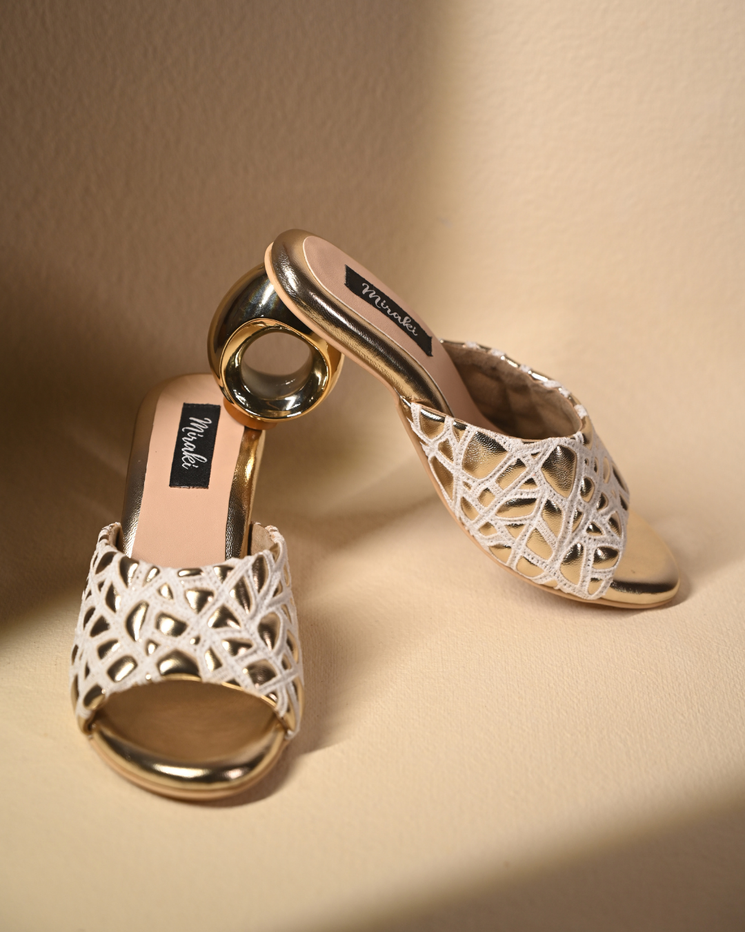 Webbed Gold Sandals With Unique Round Heels