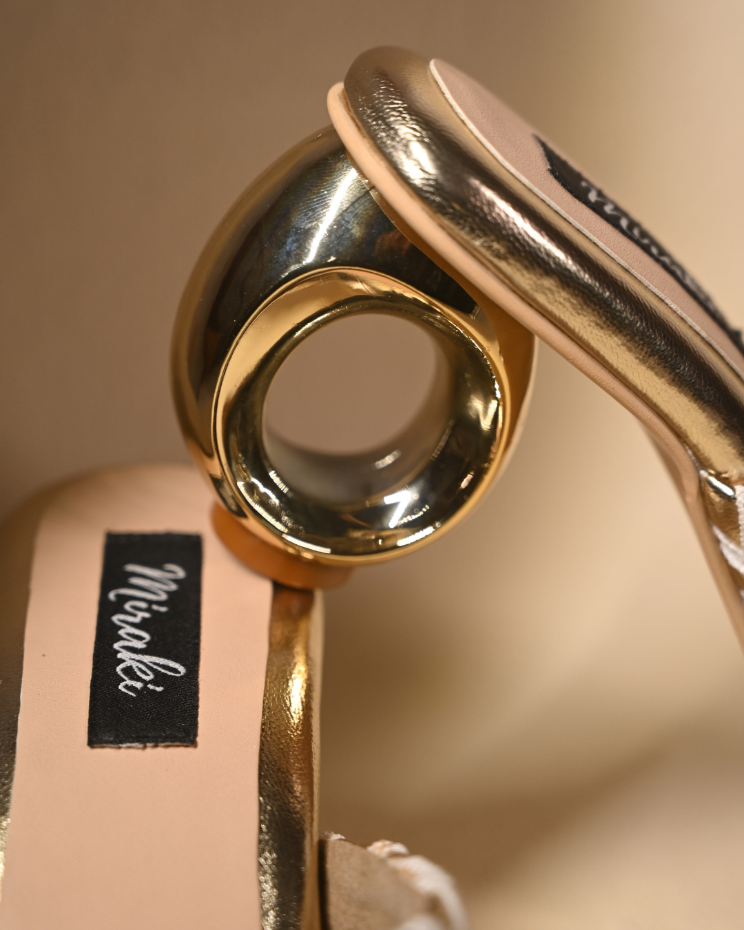 Webbed Gold Sandals With Unique Round Heels