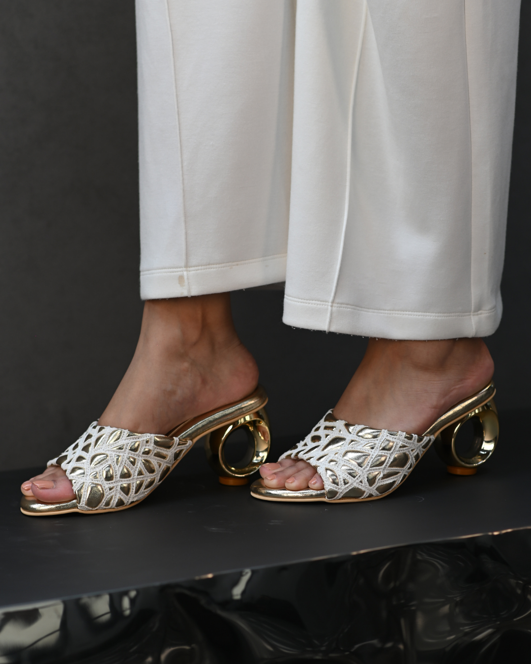 Webbed Gold Sandals With Unique Round Heels