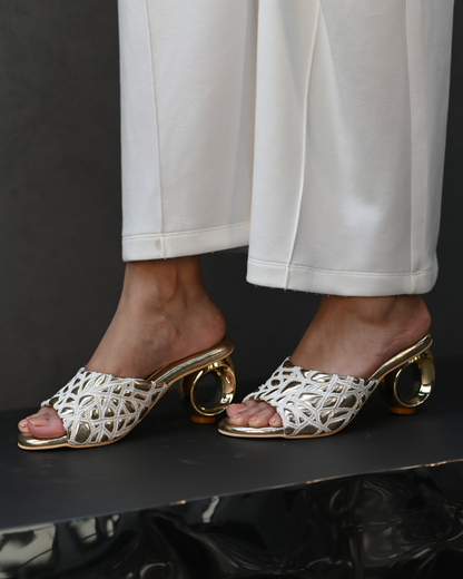 Webbed Gold Sandals With Unique Round Heels
