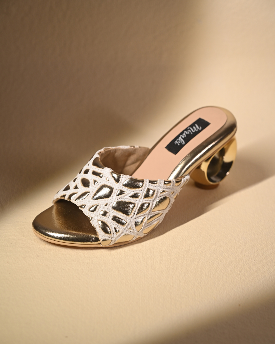 Webbed Gold Sandals With Unique Round Heels