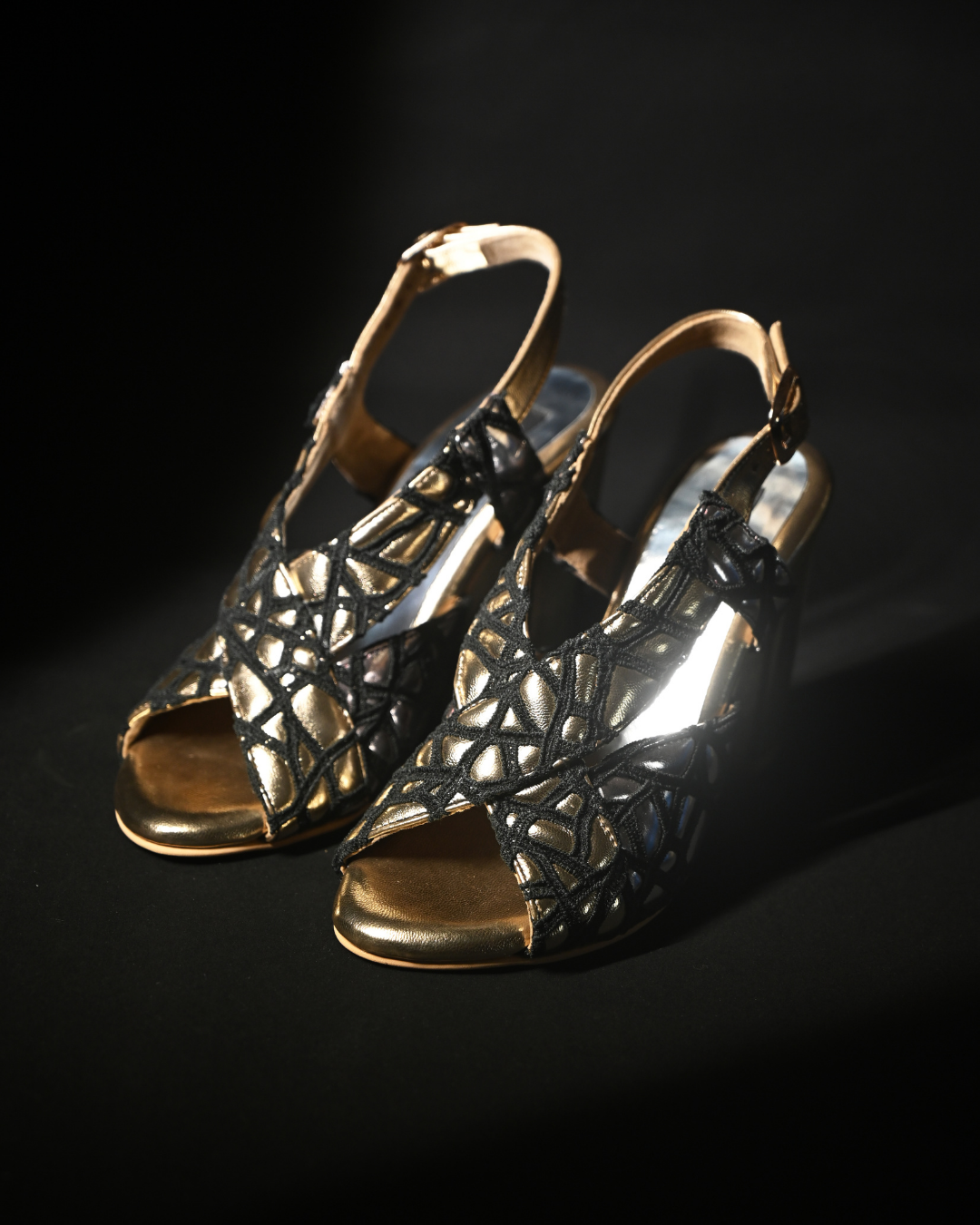 Black Web Detailing With Cushioned Gold And Silver Sling Back Heels