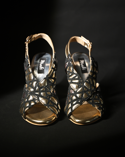 Black Web Detailing With Cushioned Gold And Silver Sling Back Heels
