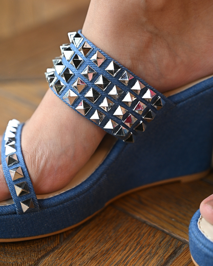 Denim Studded Wedges