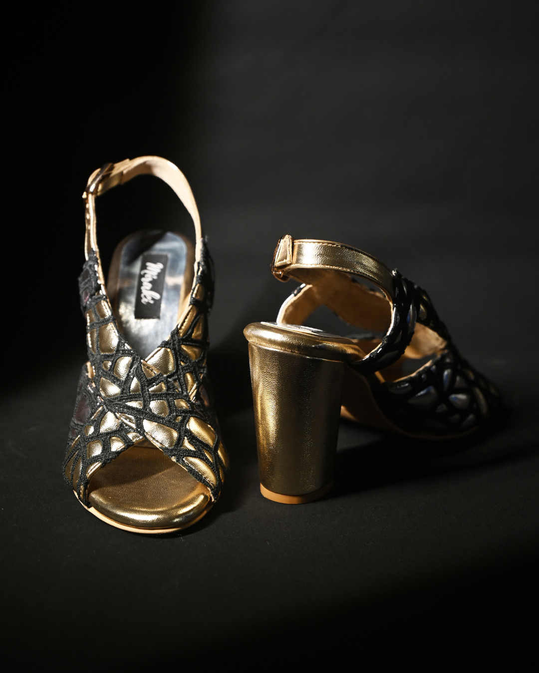 Black Web Detailing With Cushioned Gold And Silver Sling Back Heels