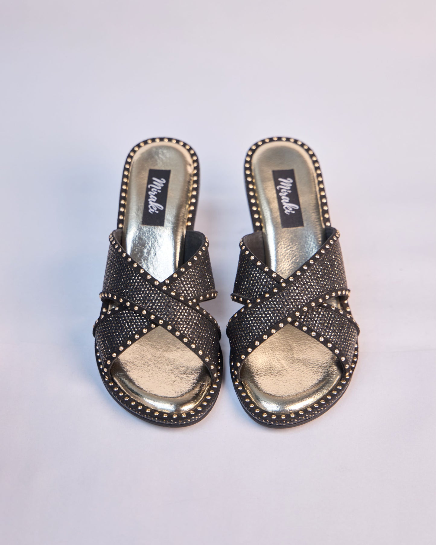 Noir Studded Cross Strap Mules