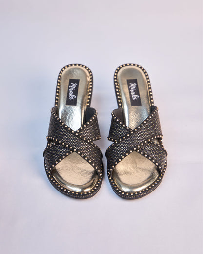 Noir Studded Cross Strap Mules