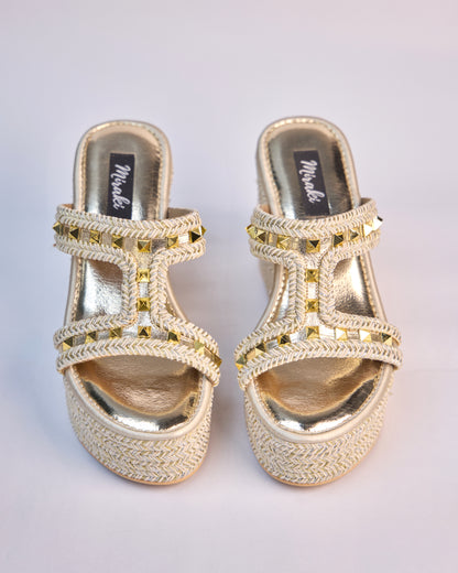 Woven Wedge Sandals with Stud Accents