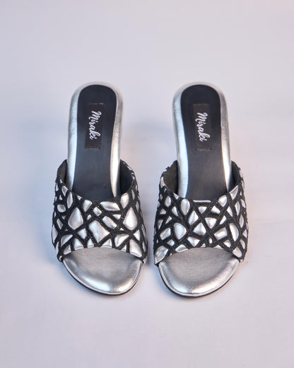 Webbed Silver Sandals With Unique Round Heels