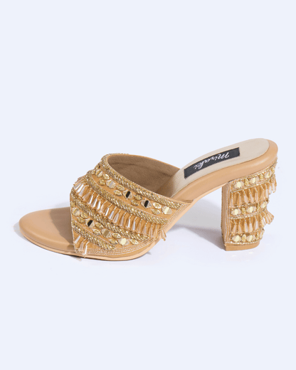 Gold Crystal Fringe Handwork Block Heels