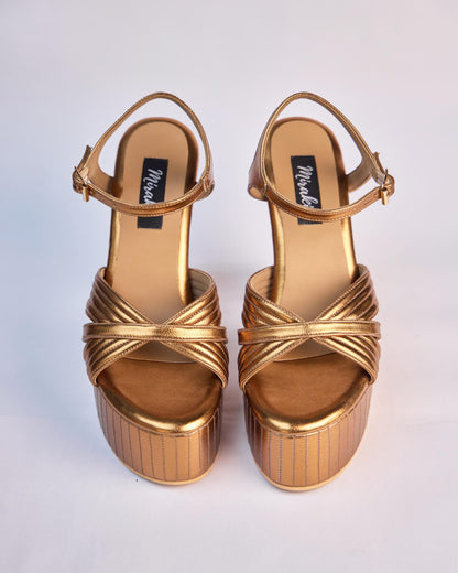 Antique Gold Block Heels With Stitching Details