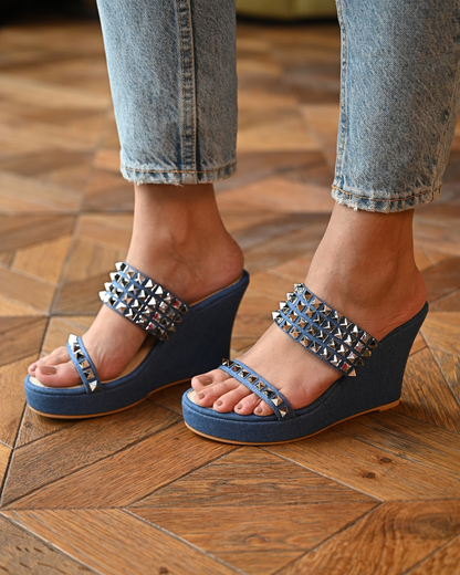 Denim Studded Wedges