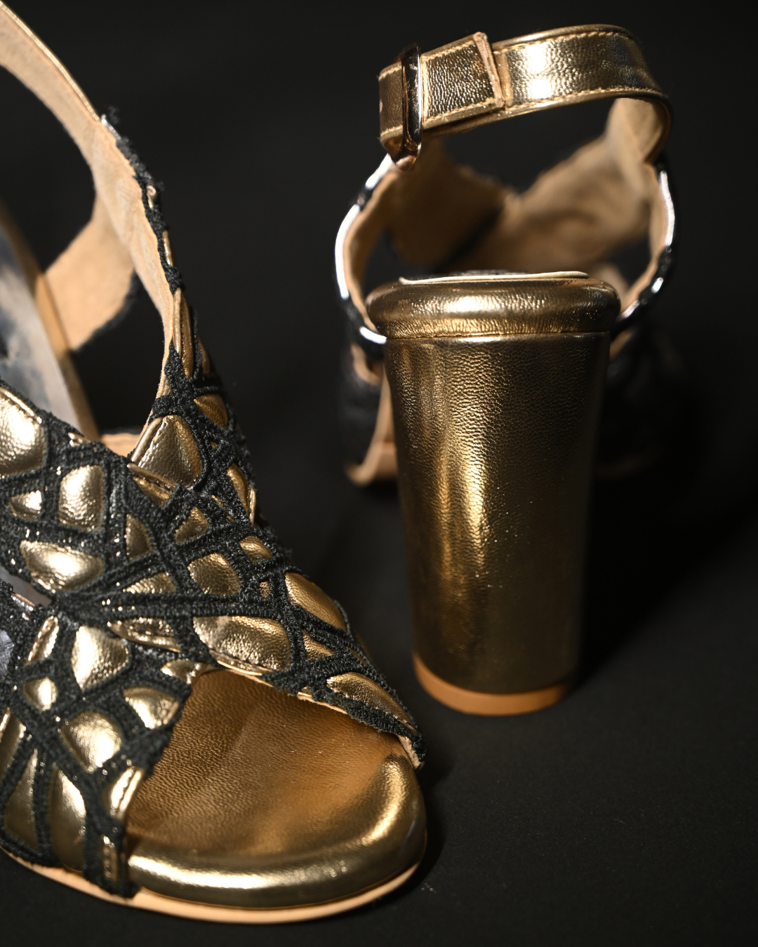 Black Web Detailing With Cushioned Gold And Silver Sling Back Heels