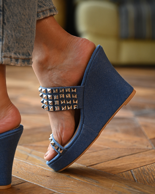 Denim Studded Wedges