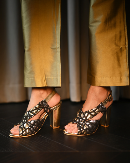 Black Web Detailing With Cushioned Gold And Silver Sling Back Heels