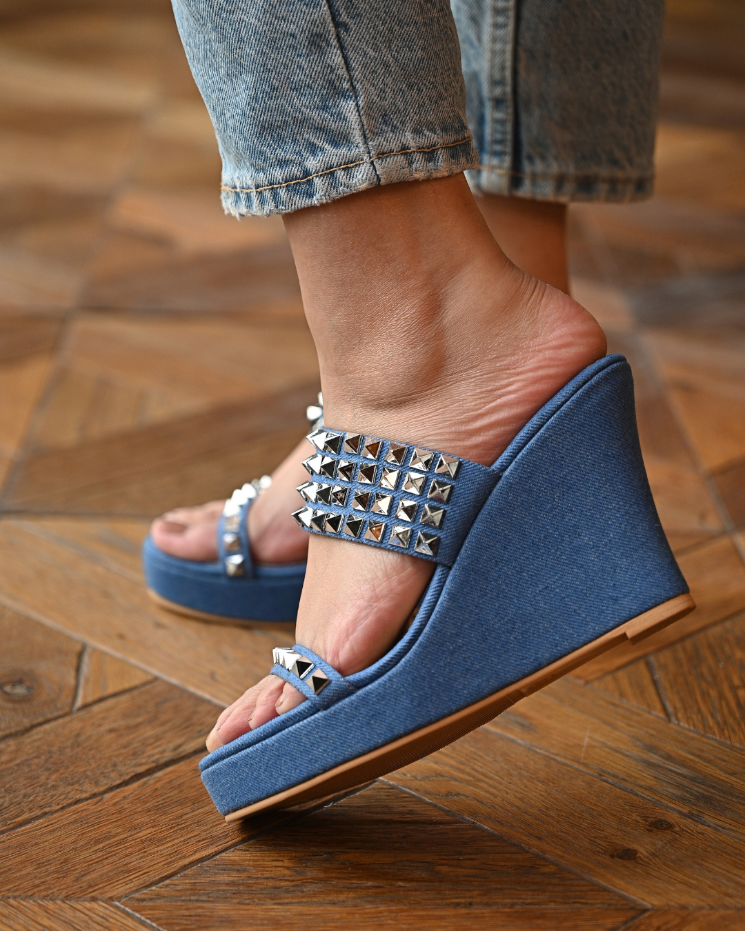 Denim Studded Wedges