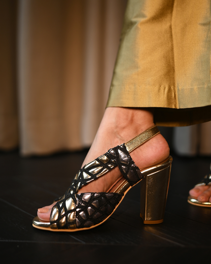 Black Web Detailing With Cushioned Gold And Silver Sling Back Heels