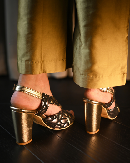Black Web Detailing With Cushioned Gold And Silver Sling Back Heels