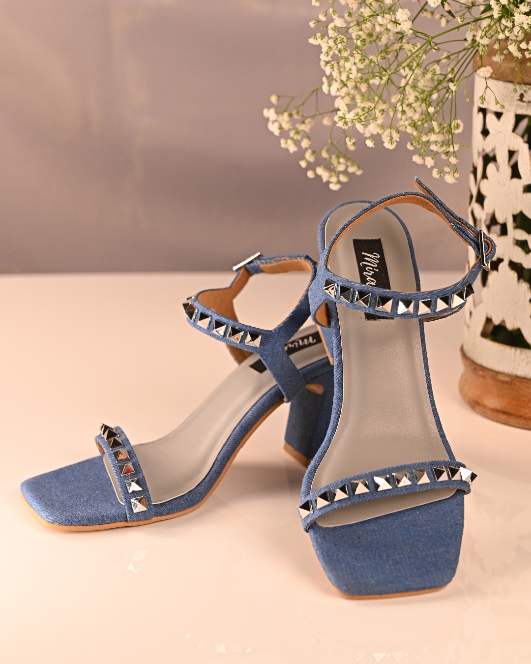 Denim Studded Block Heels