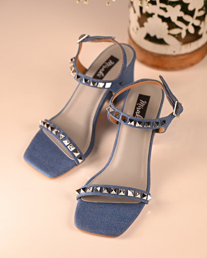 Denim Studded Block Heels