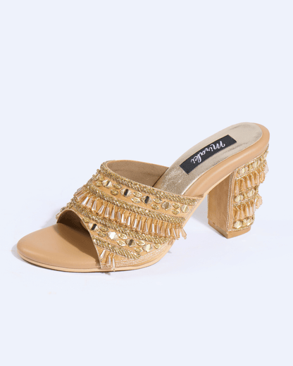 Gold Crystal Fringe Handwork Block Heels