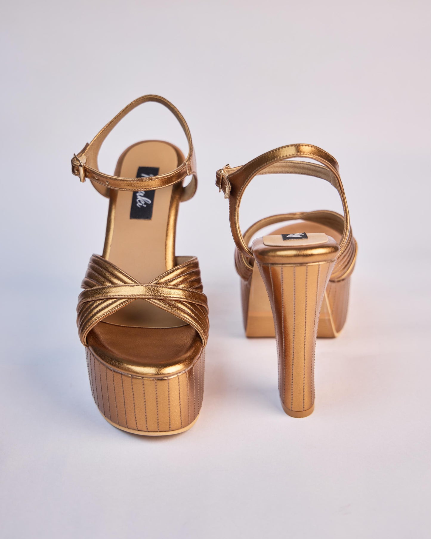 Antique Gold Block Heels With Stitching Details