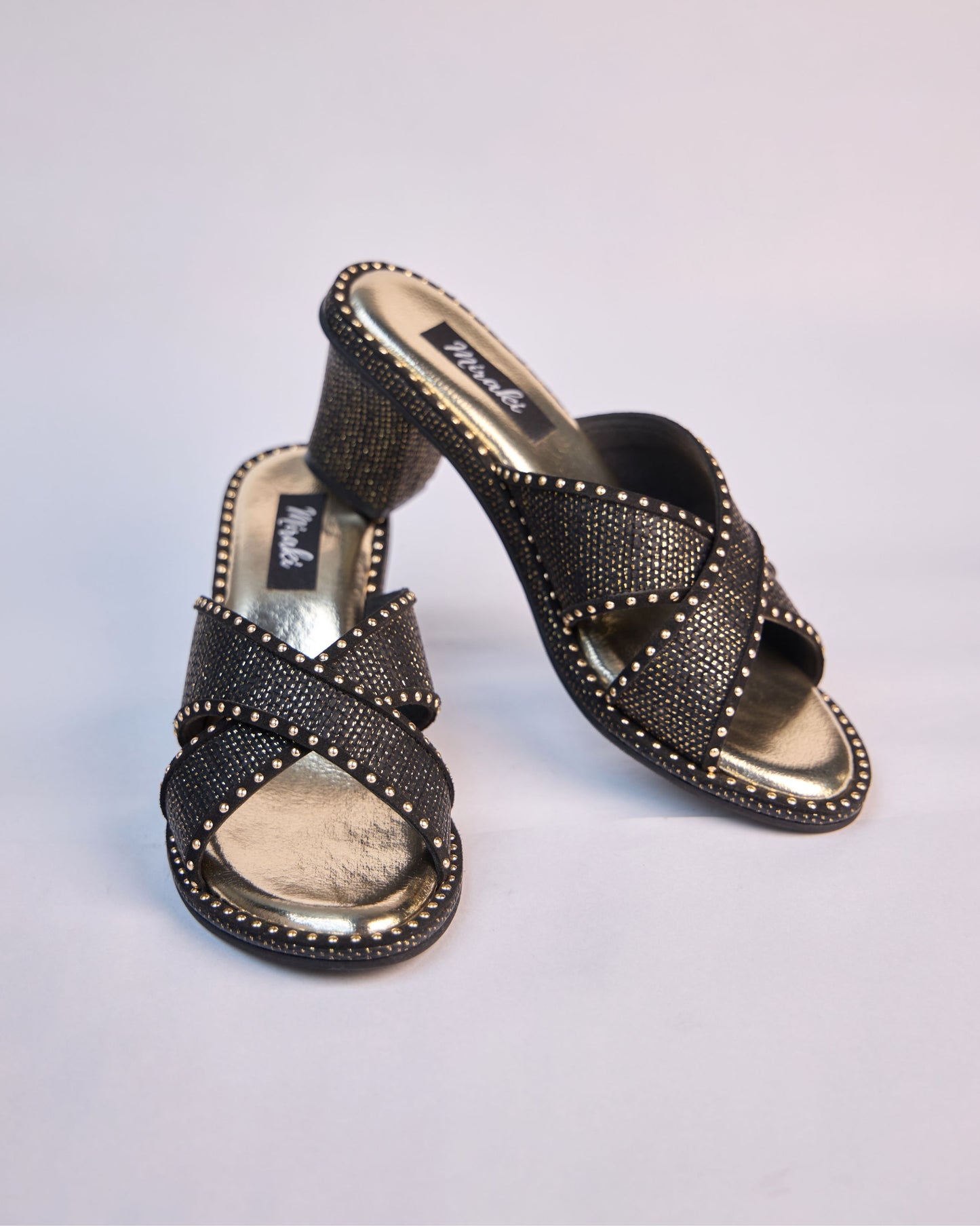 Noir Studded Cross Strap Mules