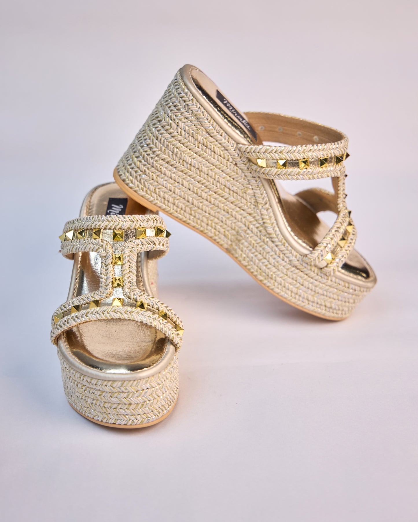 Woven Wedge Sandals with Stud Accents