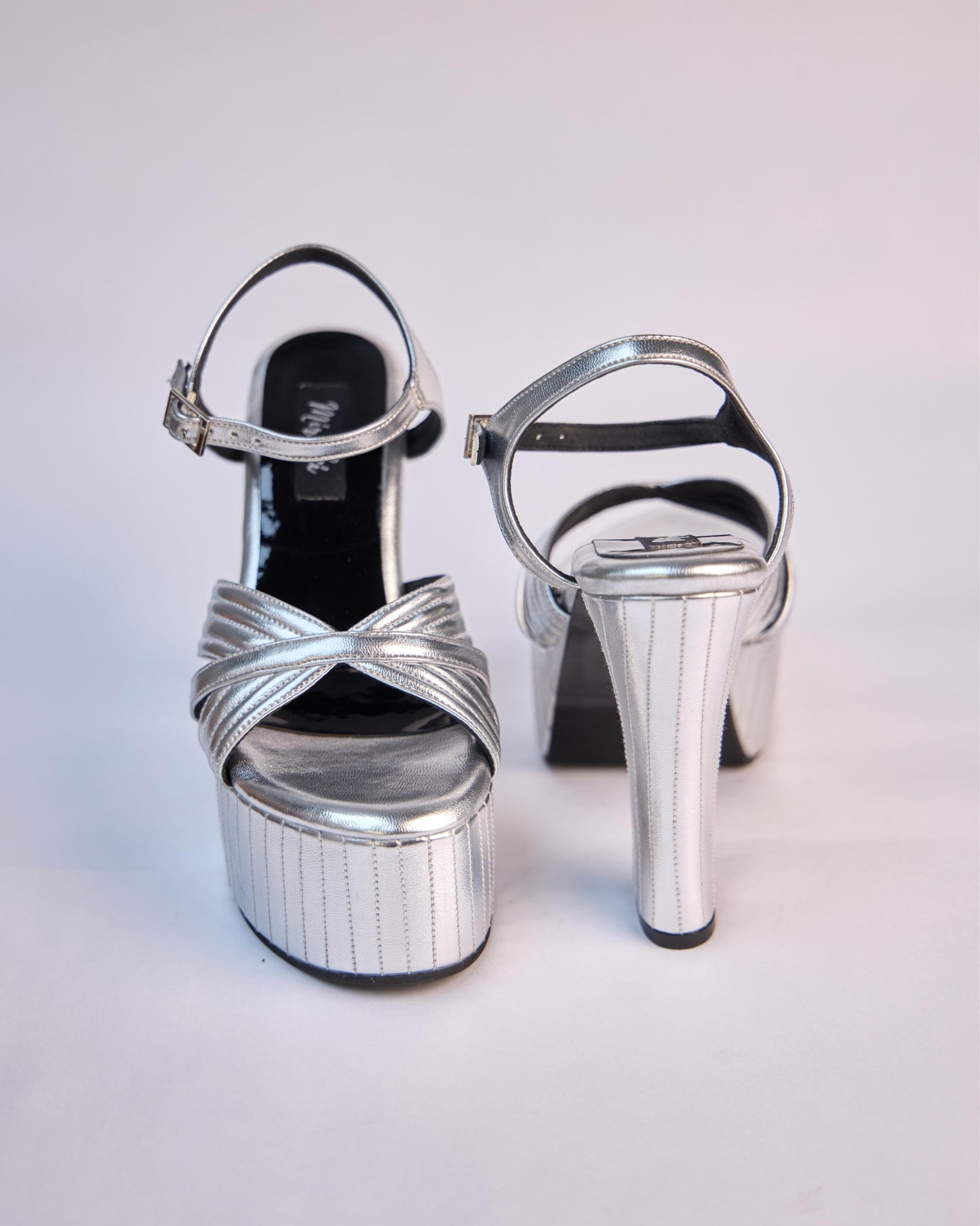 Silver Block Heels With Stitching Details