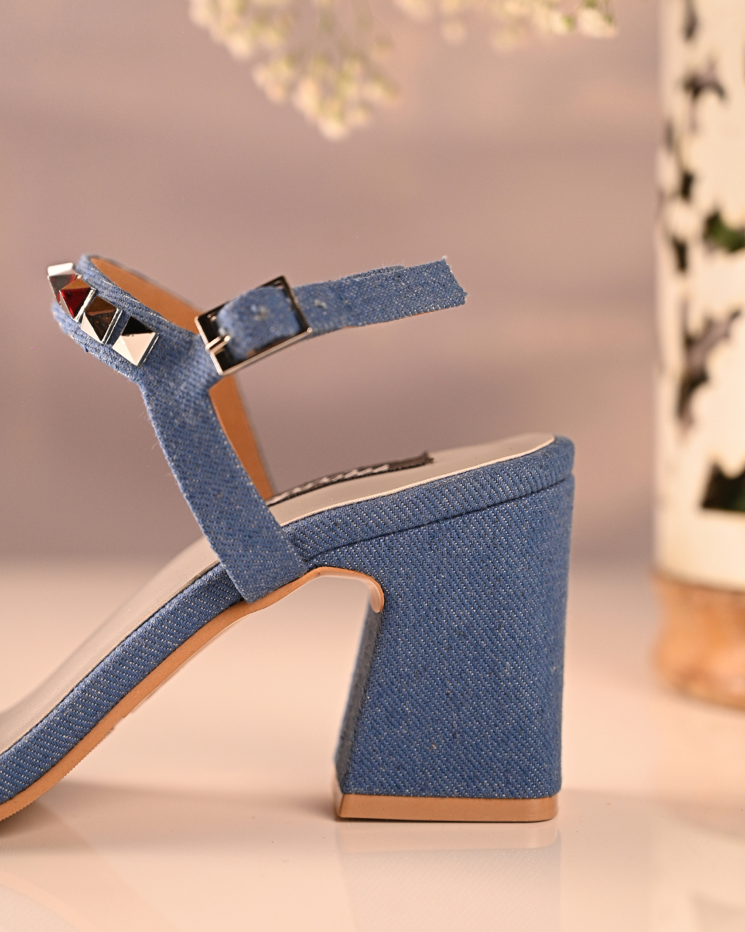 Denim Studded Block Heels